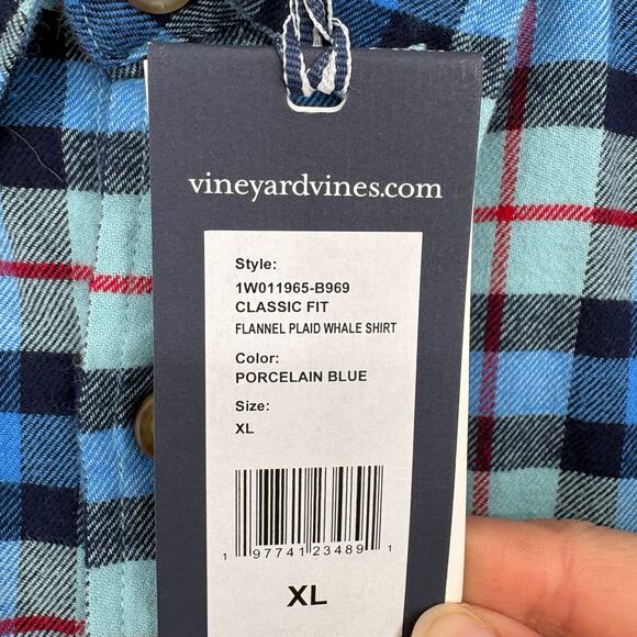 NWT Men’s Vineyard Vines Blue Classic Fit Flannel Plaid Whale Shirt Size XL - Picture 5 of 8